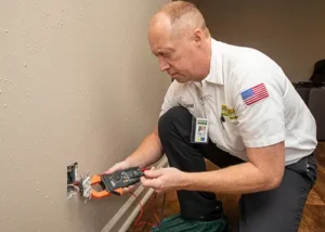 Boulden Brothers electrician Daniel testing electrical wiring at a wall outlet during a residential inspection.