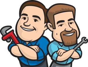 Illustrated depiction of the Boulden Brothers holding tools, representing their plumbing, HVAC, and electrical services.